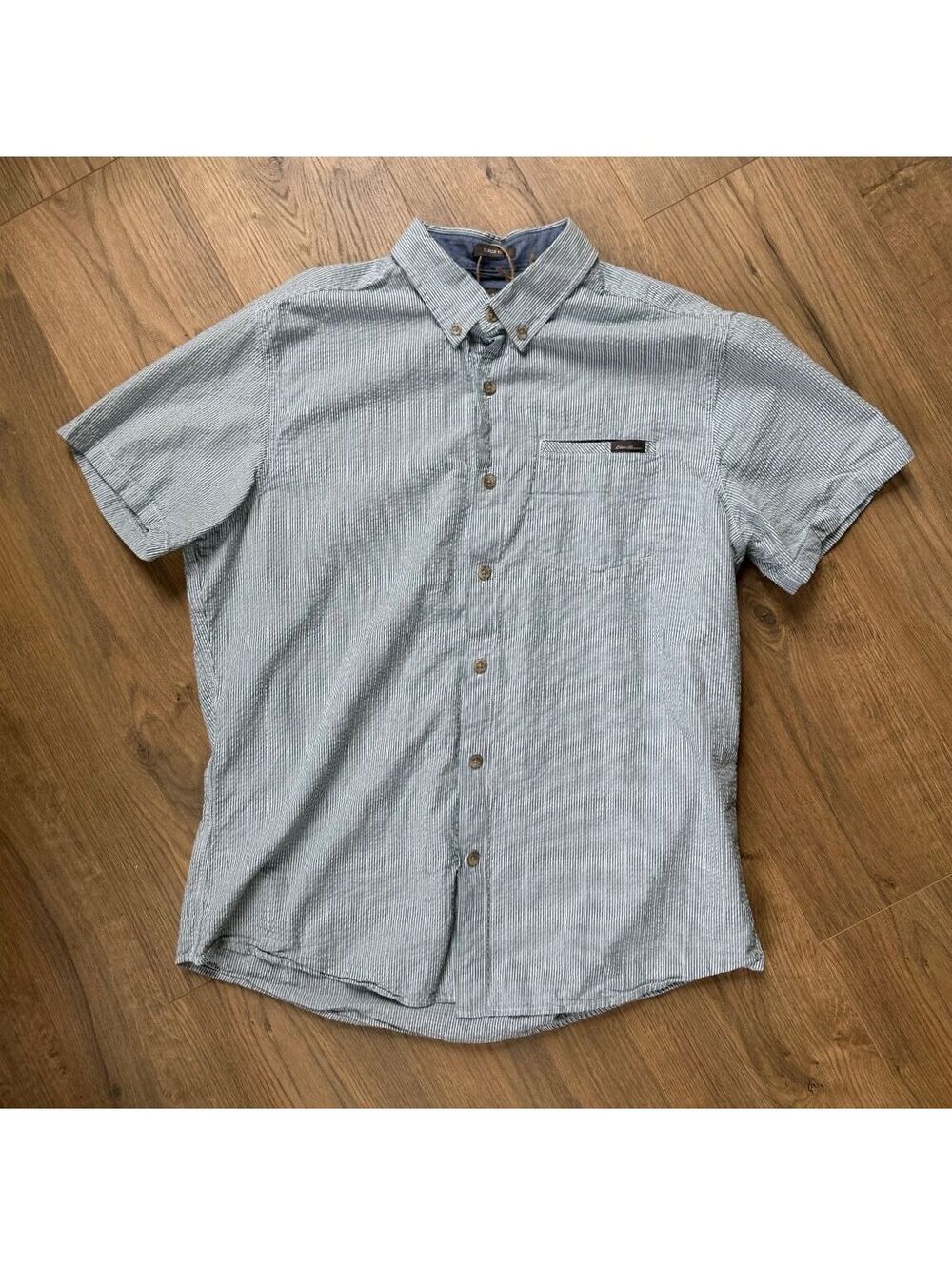 Eddie Bauer Mens Large Green White Stripe Button Front Shirt Classic Fit Cotton